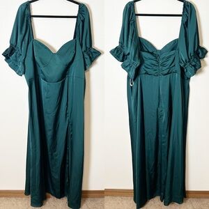 Azazie Emerald Green Satin Maxi Dress Puff Sleeves A24